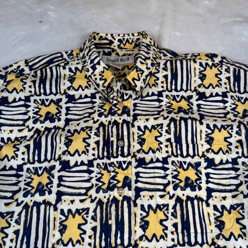 Alexander Martin Mens XL Short Sleeve Button Down Shirt Abstract Geo Navy Yellow - Picture 2 of 6